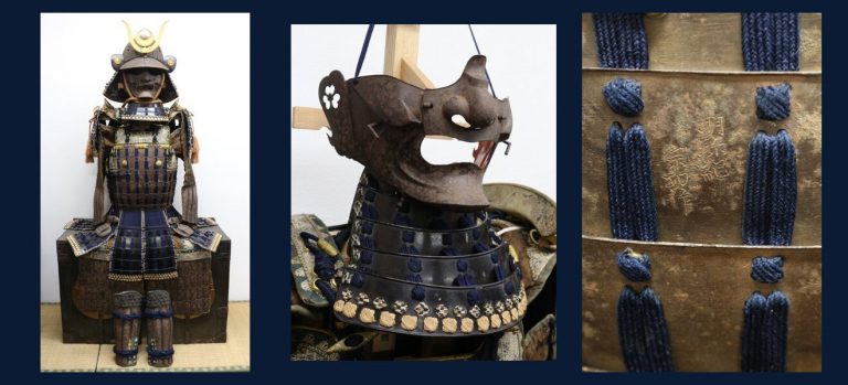 鉄錆地三十二間筋兜　鉄錆地最上胴具足（兜・面頬・胴銘「明珍宗功作」）