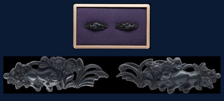 秋草に牛図目貫 無銘（古金工）