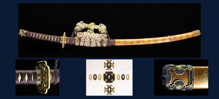 金梨子地葵紋散金貝蒔絵鞘糸巻太刀拵 鐔 銘 後藤悦乗（花押）